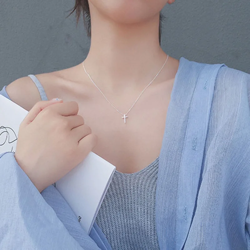 New 925 Sterling Silver Necklace Smooth Shiny Cross Choker Simple Pendant Clavicle Chain Gift For Girl Exquisite Jewelry SKN005 - Image 2