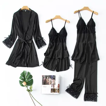 

Lace 5PCS Robe Set Women Sleepwear Nightgown Satin Bride Bridesmaid Wedding Gown Summer Sexy Kimono Bathrobe Home Dressing Gown