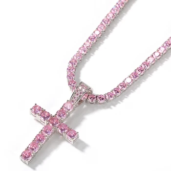 

Fashion 4mm Pink Cz Tennis Chain With Cross Pendant Choker Necklace Full Iced Cubic Zirconia Women Hiphop Jewelry Gift