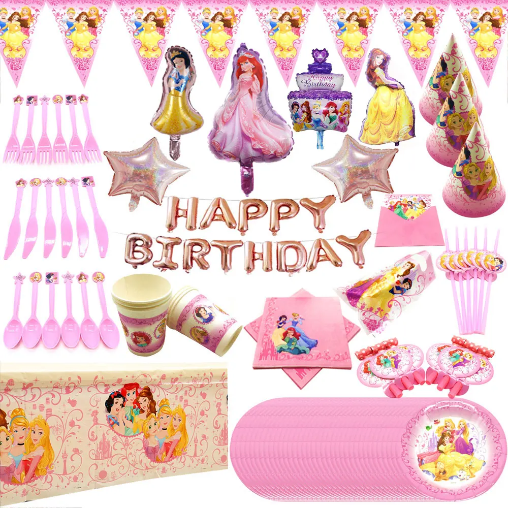 

Disney Princess Birthday Party Decorations Supplies Kids Disposable Plates Tablecloth Cups Cap Baby Shower Girls Favors gift set