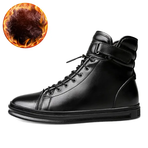 Black with Fur JUNJARM Warm Fur Winter Boots Genuine Leather Handmade Comfortable Men Snow Boots Fashion Motorcycle Men Boots Size 38-48 - Цвет: Black with Fur