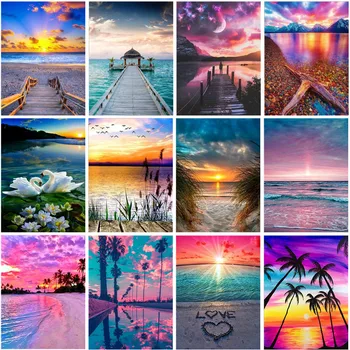 

5D Diy full round diamond painting sunset seaside cross stitch kit mosaic diamond embroidery landscape wall stickers handmade