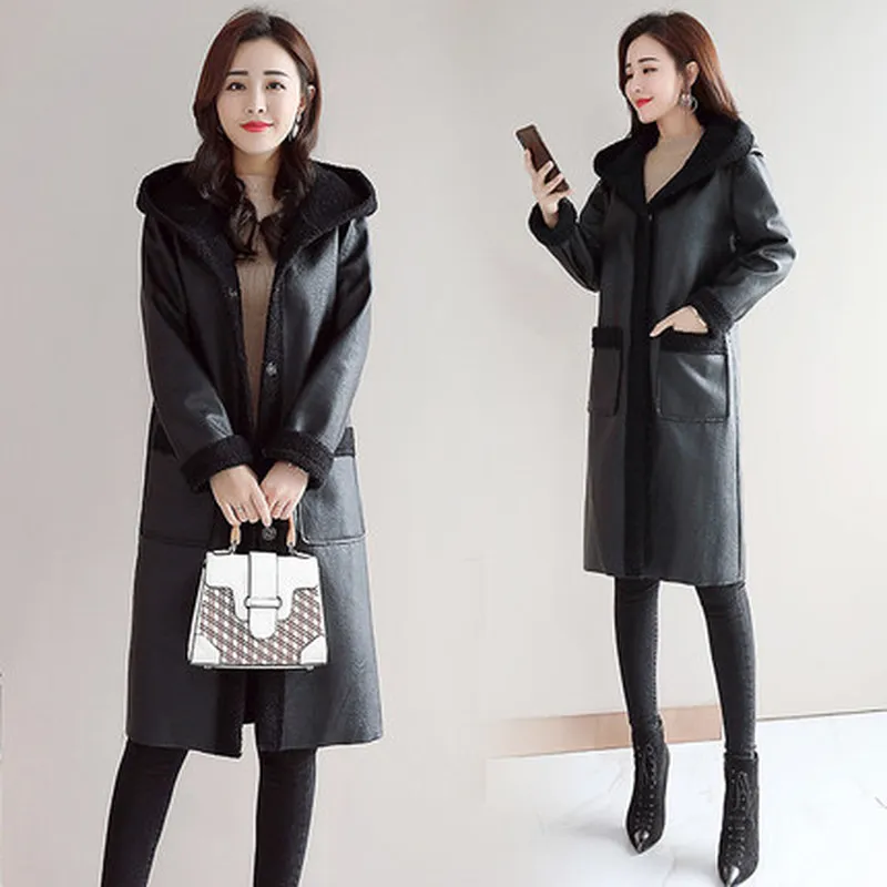 autumn and winter new ladies explosion models fashion loose thin plus velvet thick leather coat windbreaker tide