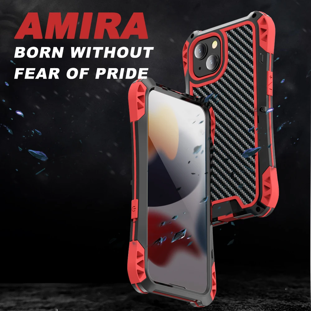 

Shockproof Dustproof Carbon Fiber Gorilla Tempered Glass Aluminum Metal Armor Case For Iphone 13 Pro Promax Mini Cover Shell