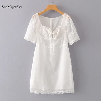 

SheMujerSky Summer Chiffon Dress Women White Short Sleeve Jacquard Dress 2020 Black Mini Dresses vestidos cortos