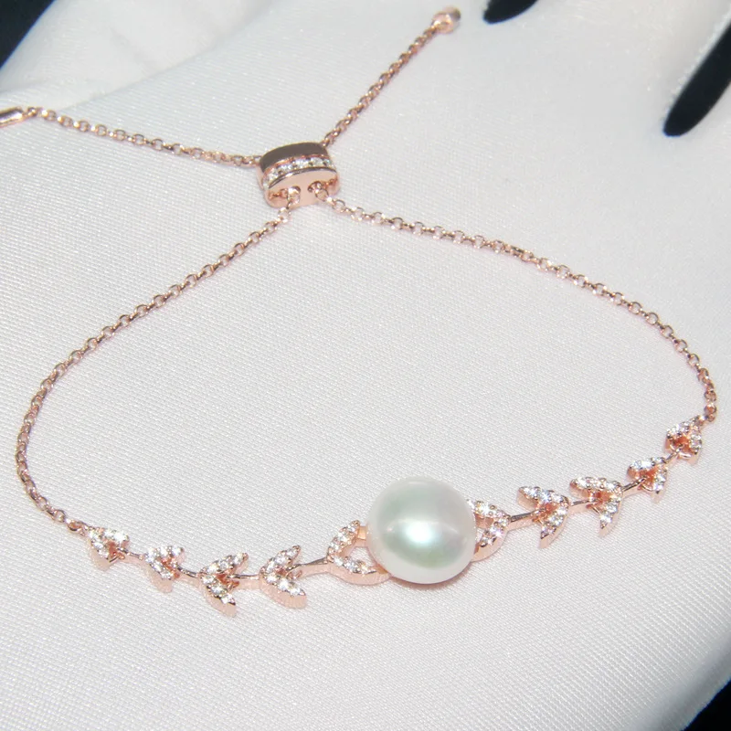 Baoyocn, высокое качество, модный 925 пробы, серебро, розовое золото, цвет, Пресноводный Жемчуг, листья, циркон, браслет, настраиваемая цепочка для женщин