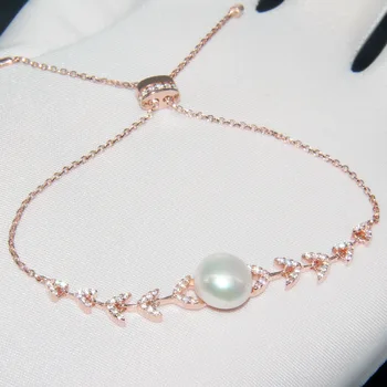 

Baoyocn High Quality Fashion 925 Sterling Silver Rose Gold Color Freshwater Pearl Leaves Zircon Bracelet Adjust Chain for Women