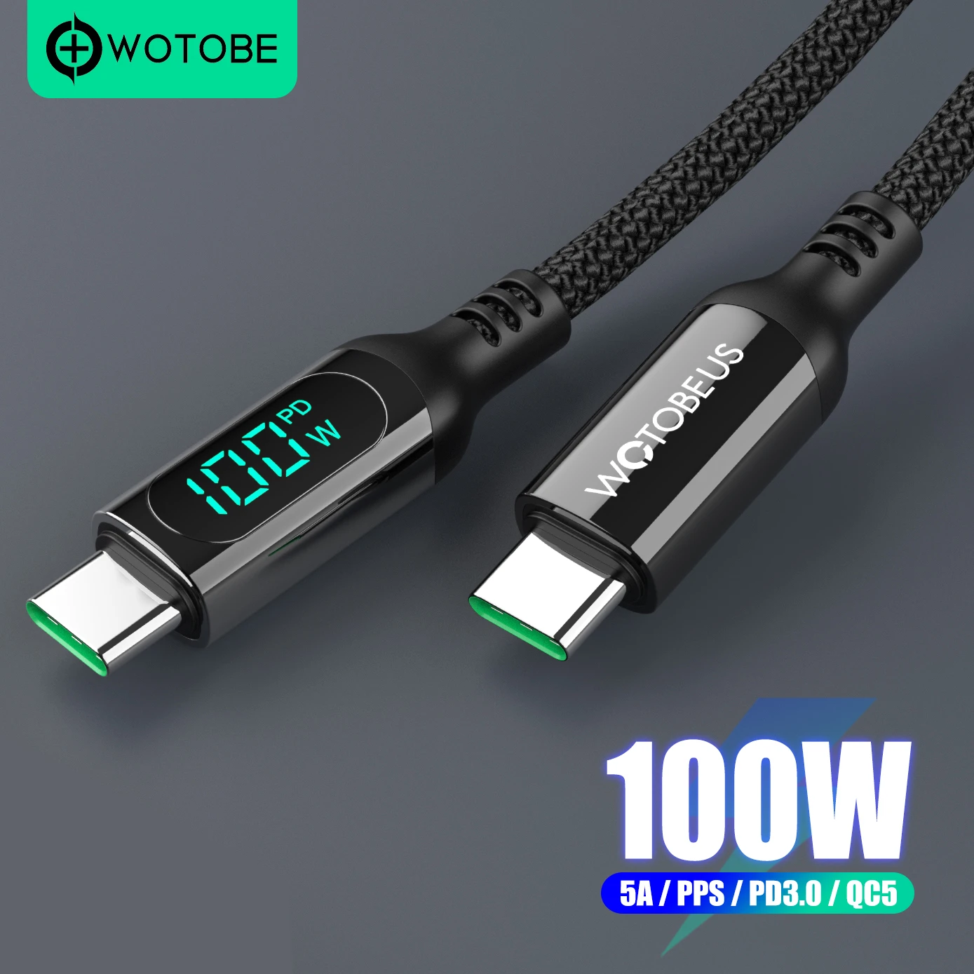 WOTOBEUS PD100W USB C to USB C Cable 5A E-Mark LED Digital Display Fast Charging 3m Cable For Samsung S20 S21 Ultra  iPad laptop android charger adapter