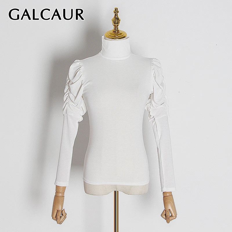 GALCAUR Minimalist Ruched T-shirt For Female Turtleneck Puff Long Sleeve Autumn Slim T Shirt Women Fashion Clothes New