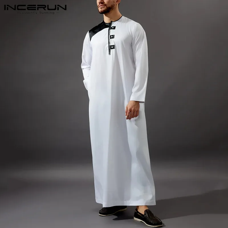 

INCERUN Islamic Arabic Kaftan Men Patchwork Long Sleeve O Neck Vintage Robes Muslim Jubba Thobe Middle East Abaya Men Plus Size