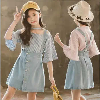 

2020 summer teenage girls sets striped flare sleeve t shirt with denim strapless dress big girl outfits wholesale