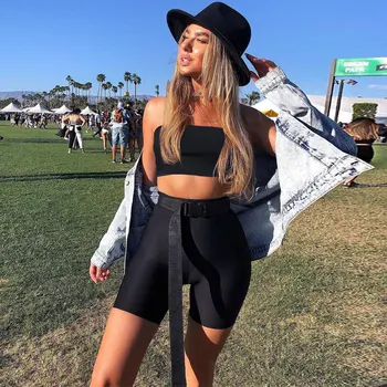 

Neon Solid Color Women Sportswear Tube Tops Half Length Shorts Bright Color High Waist Two Piece Suits Strapless Femme Gymwear