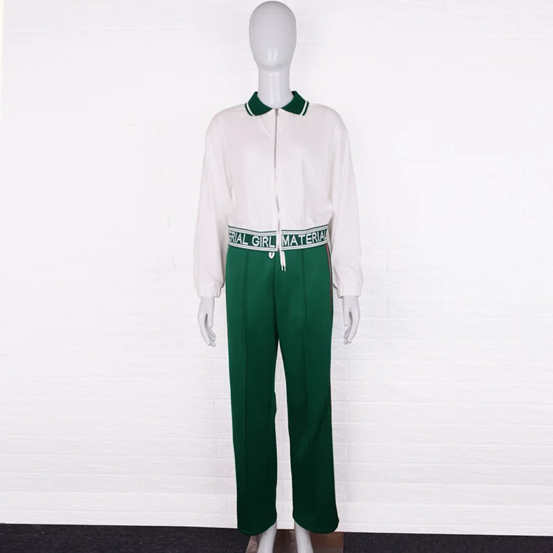 

Green Short Zipper Loose Jacket Women Tide In 2019 Turn-down Collar Elastic Waist Ankle-Length 2 Piece Set