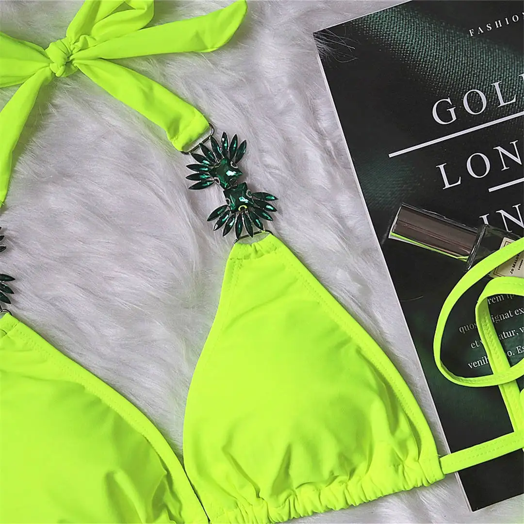 Sexy Shiny Jewel Halter Bikini Female Swimsuit Women Swimwear Two-piece Bikini set Luxury Diamond Bather Bathing Suit Swim V2451
