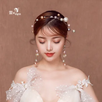 

purple large pearl crystal headbands earrings sets beautiful Japanese wedding hair headdress bride