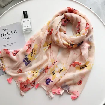 

Summer new beige flower cotton linen scarf sunscreen shawl scarf dual-use women's beach towel silk scarf infinity luxury scarf