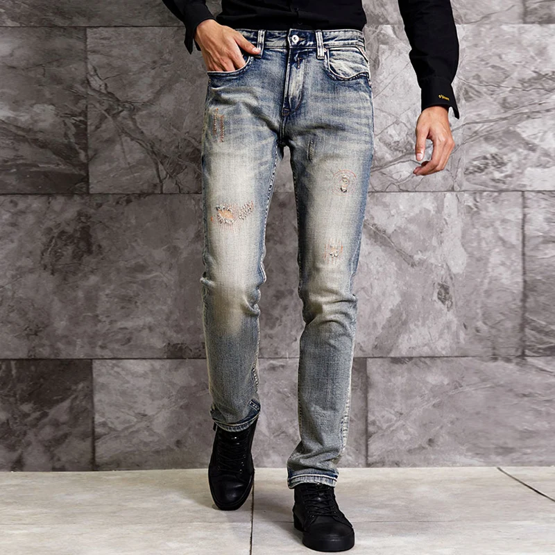 

Fashion Streetwear Men Jeans Retro Blue Slim Fit Patchwork Ripped Jeans Men Vintage Designer Denim Pants Hip Hop Jeans Homme