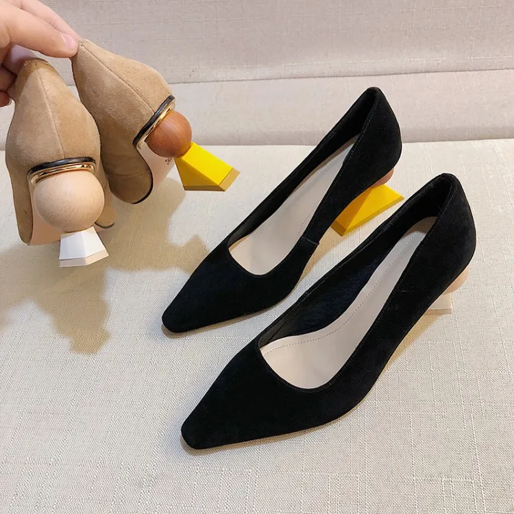 

Ozhouzhan 2019 Spring New Style yi xing gen Shoes Women's Non-symmetrical Contrast Color High-Heel Low-Cut-WOMEN'S Genuine Leath