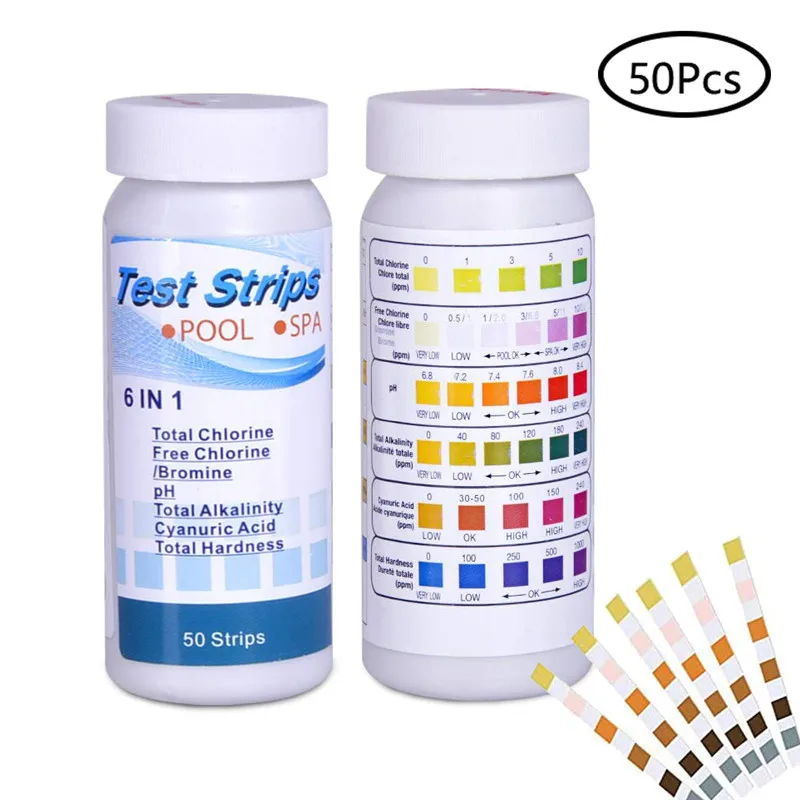 

50Pcs 6 in 1 Swimming Pool Spa Water Quality Test Strips Acid Water Hardness Chlorine Alkalinity PH Cyanuric Bromine Test Tools