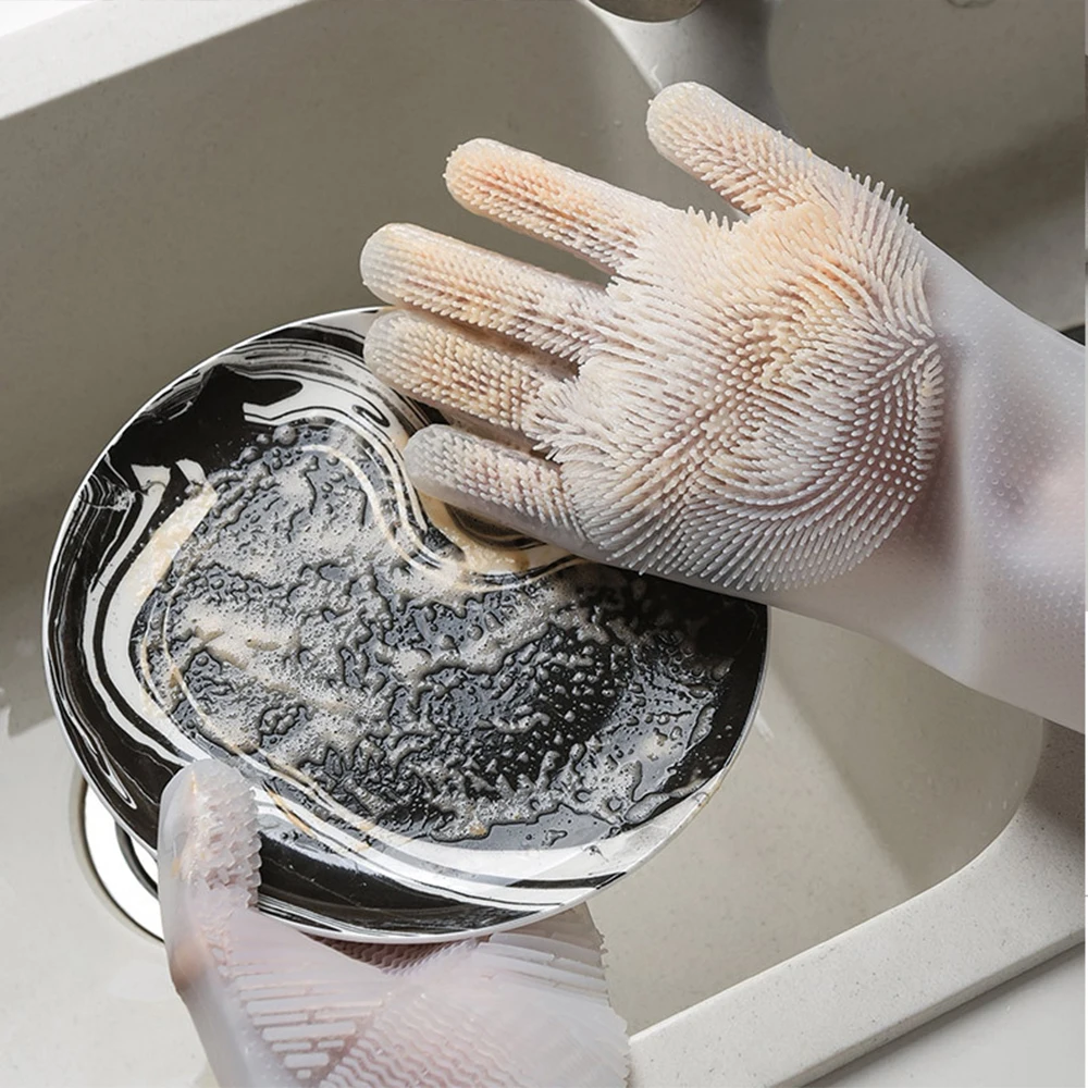 Home Silicone Cleaning Gloves Kitchen Washing Vegetables Dishwashing Gloves Non-slip Belt Hair Brush Kitchen Cleaning Supplies