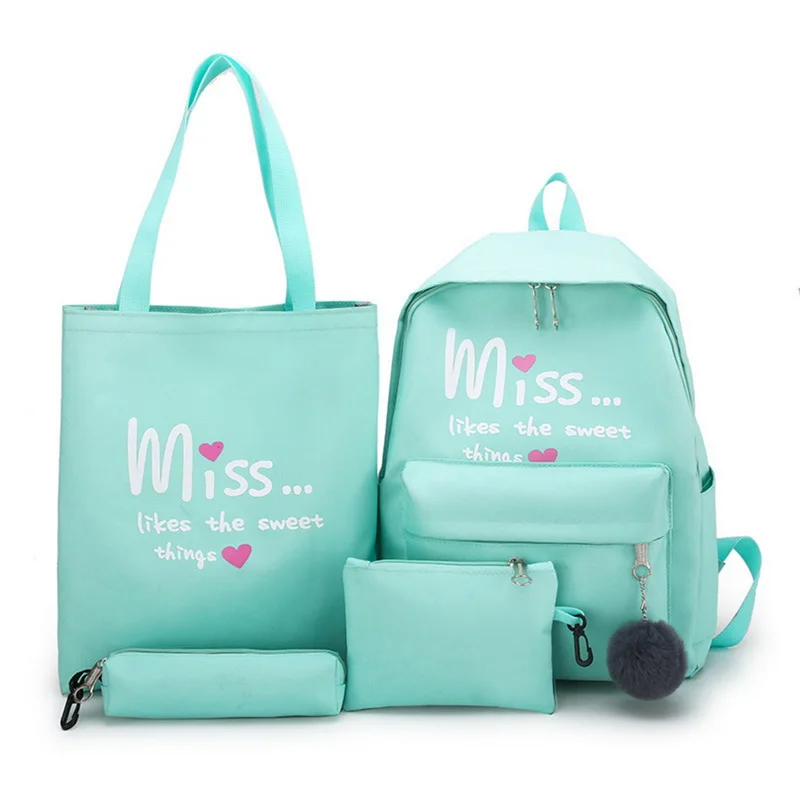 

Litthing Drop shipping 4 Pcs/set Girl School Bag For Teenager Solid Backpack College Schoolbag Women High Student Bag Backpack
