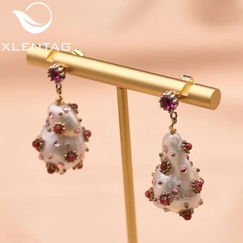 

XlentAg High-quality Semi-baroque Natural Pearl Dangle Earrings Red Zircon Girl Party Gifts Women Korean Luxury Jewelry GE0296A