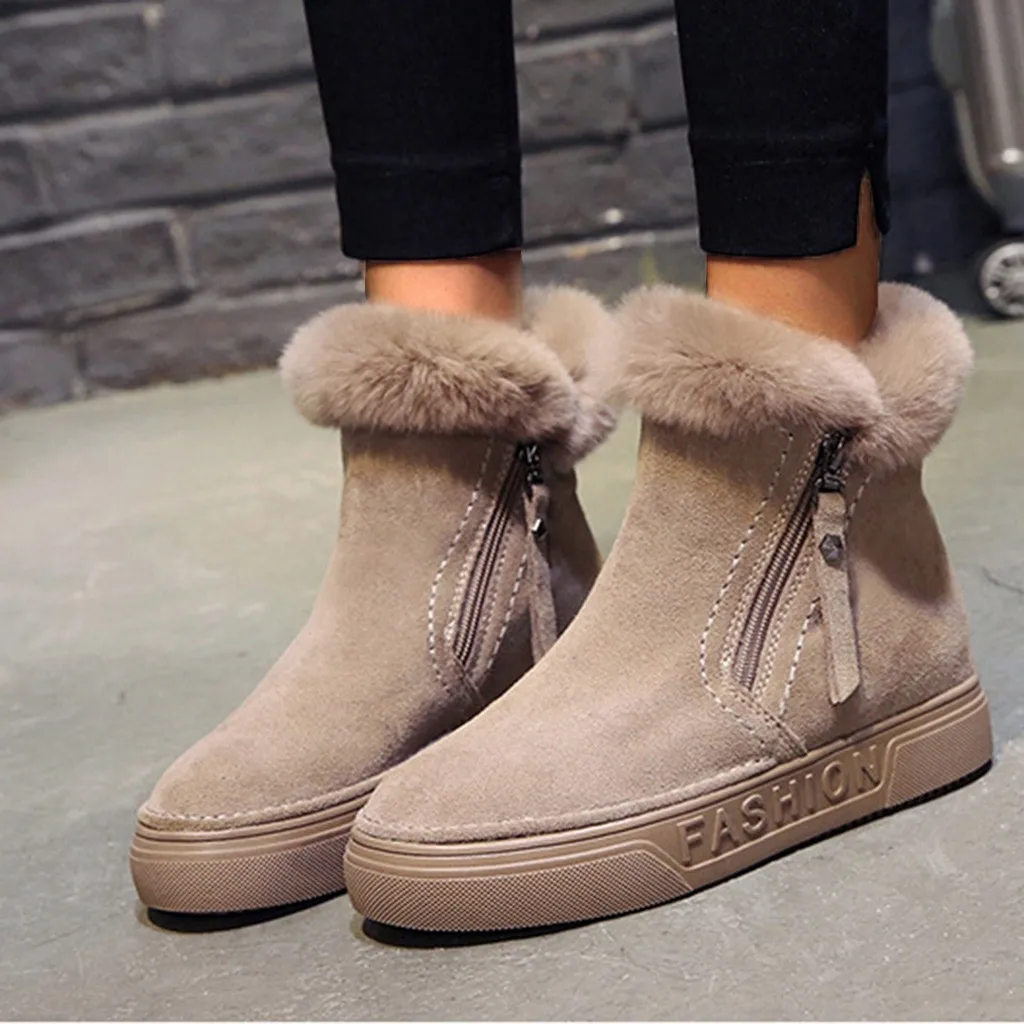 

2019 Winter Casual Boots Women Warm Flat With Zipper Round Toe Shoes Ladies Solid Short-Plush Suede Ankle Snow Boots Size 35-39
