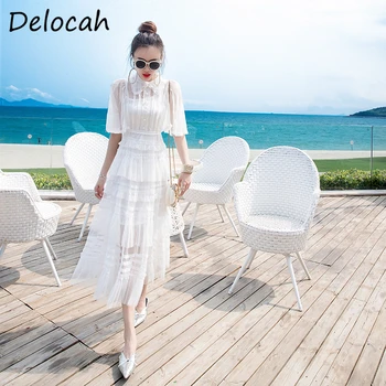 

Delocah Summer Solid Printed Fashion Ladies Dress Half Sleeve Gorgeous Lace Beach Holiday Female Cupcake Midi Dresses vestidos
