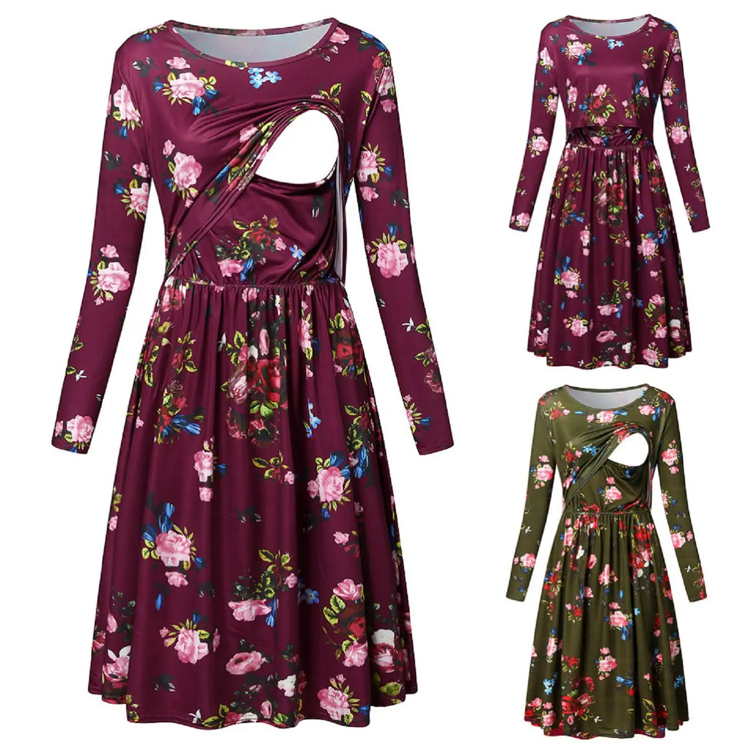 

2019 New European and American Long-sleeved Printed Maternity Dress Multifunctional Dress Postpartum Nursing Clothing