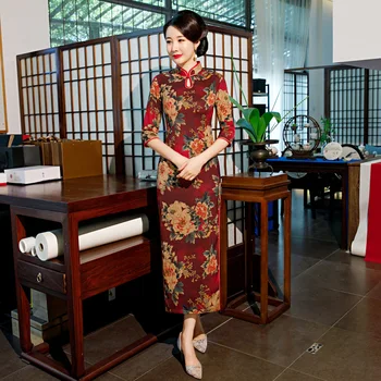 

Traditional Mandarin Collar Qipao Print Flower Cheongsam Velour Women Sexy Long Chinese Dress Vintage Slim Vestidos With Button