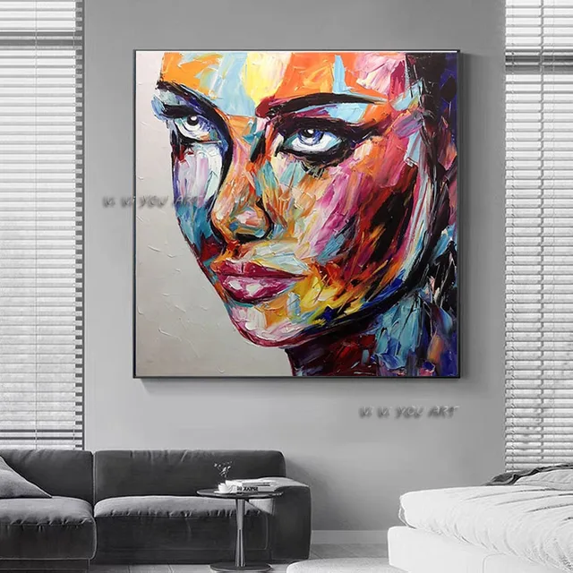 Toile Peinture Visage - Femme - Peinture à l'Huile - Coloré - Art - 90x60  cm 