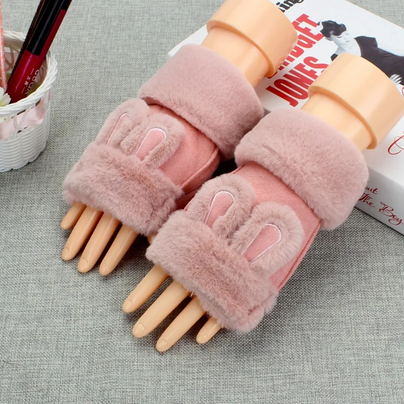 Half-finger-pink Зимние Бархатные толстые теплые замшевые перчатки женские милые студенческие перчатки с кроликом из мультфильма - Цвет: Half-finger-pink