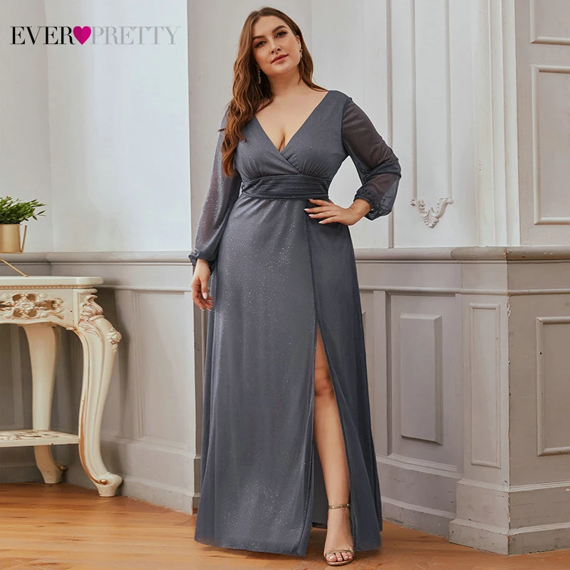 Plus Size Burgundy Prom Dresses Ever Pretty A-Line Deep V-Neck Side Split Long Sleeve Sexy Sparkle Formal Party Gowns Sukienki