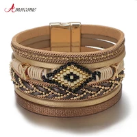 Amorcome Miyuki Evil Eye Leather Bracelets For Women Fashion Ladies Bohemian Wide Wrap Charm Bracelet Party Jewelry Gift