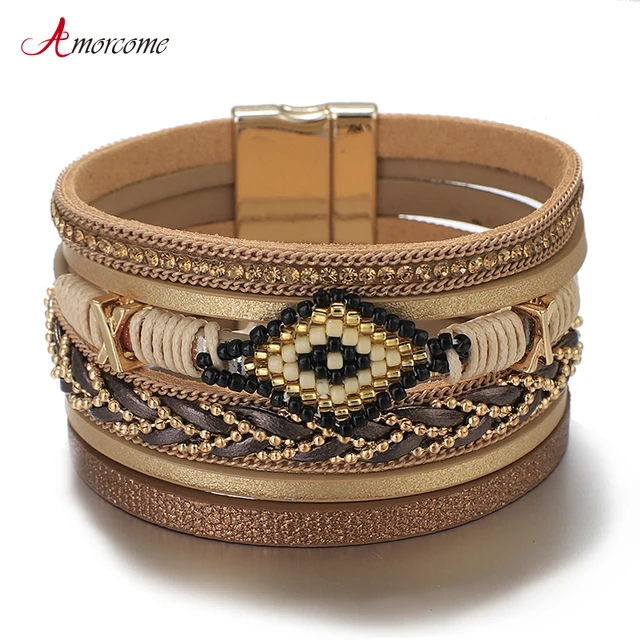 Amorcome Miyuki Evil Eye Leather Bracelets For Women Fashion Ladies Bohemian Wide Wrap Charm Bracelet Party Jewelry Gift 1