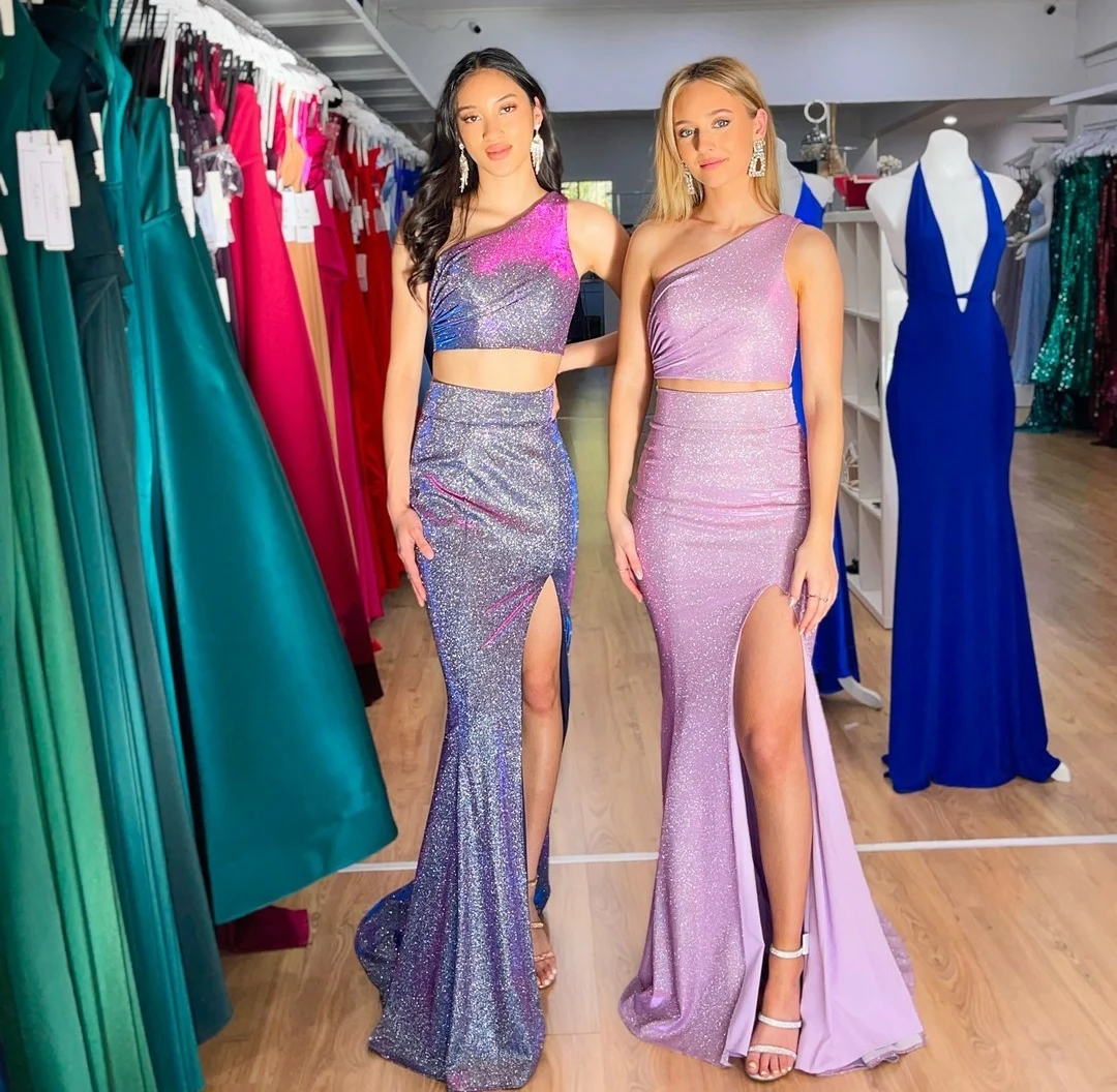 

Long Glitter One Shoulder Prom Dresses with Slit Mermaid Zipper Back Floor Length Robe De Soiree Formal Party Gown