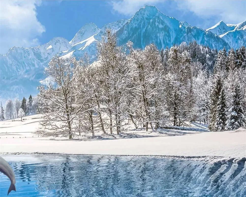 Настенные 3D обои на заказ HD фотообои с изображением лебедя озера снега гор