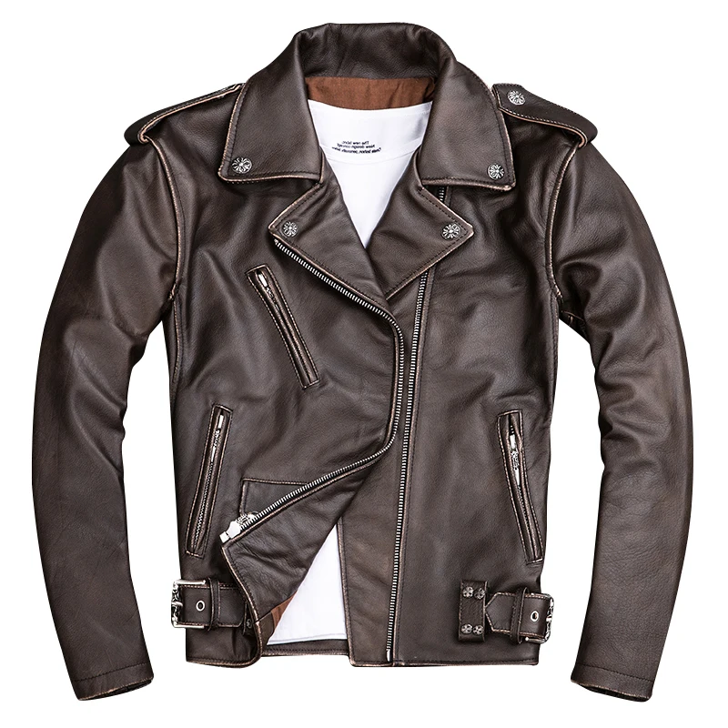 

2020 Vintage Brown Men Short Motorcycle Leather Jacket Plus Size XXXXL Genuine Cowhide Slim Fit Biker's Coat FREE SHIPPING