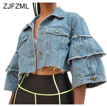 

Vintage Washed Denim Bomber Jacket Women Turn Down Collar Ruffles Flare Sleeve Crop Tops Autumn Winter Plus Size Causal Coat