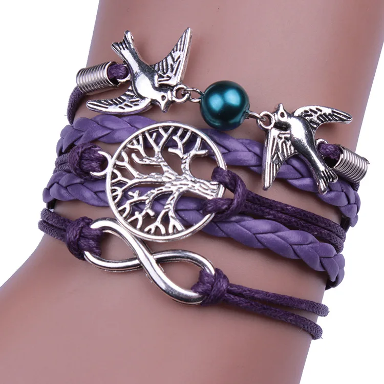 

Selling jewelry dove tree of life bracelet braided leather cord 8 word infinite gift to send his girlfriend