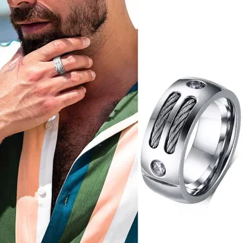 

MEN RING STAINLESS STEEL CABLE RINGS SILVER COLOR MENS FASHION RINGS COMFORT FIT