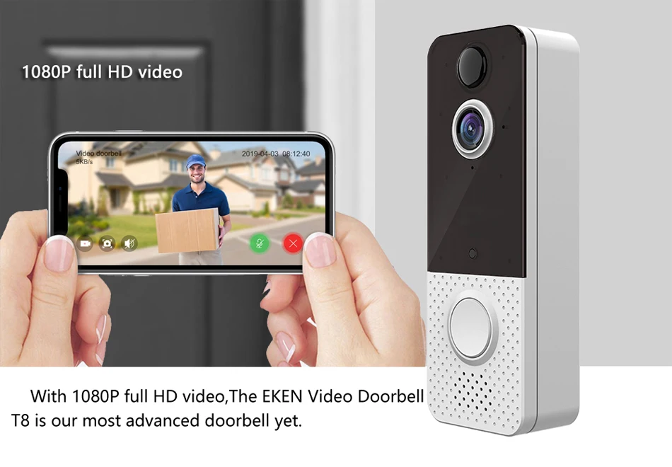 EKEN T8 IP67 Weatherproof Smart Video Doorbell Camera WIFI 1080P Visual Intercom Night Vision IP Door Bell PIR Wireless Cameras