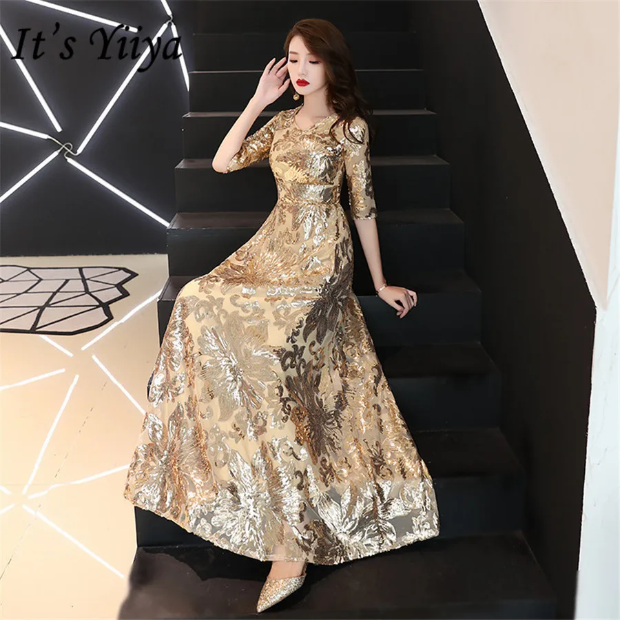 It's Yiiya Evening Dresses Long Half Sleeve Gold Sequins Formal Dress For Girls O-neck Plus Size robe de soiree E1402