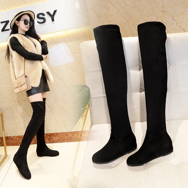 

Slip-On Casual Flock Round Toe Women Boots Sewing Low Flat With Solid Long Boots Over-the-Knee Turned-over Edge Winter Shoes
