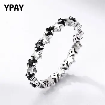 

YPAY Vintage Stackable Stars Rings for Women Solid 925 Sterling Silver Black Zircon Finger Rings Fine Jewelry Gifts YMR182