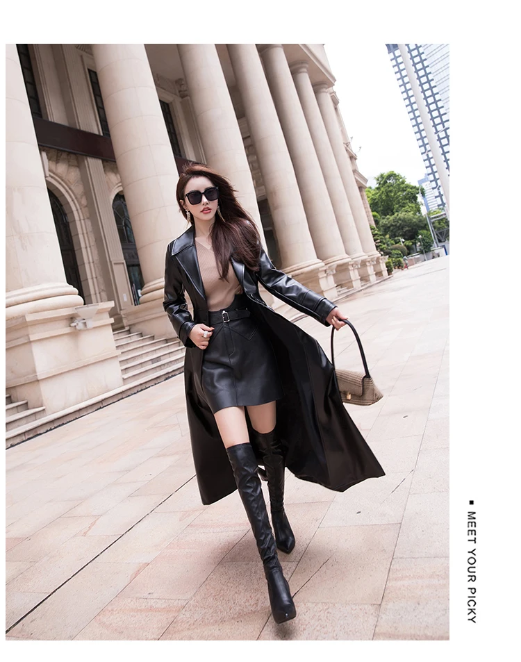 Nerazzurri Maxi fit and flare leather trench coat for women 2021 spring Long luxury designer clothing women long sleeve lapel down parka women