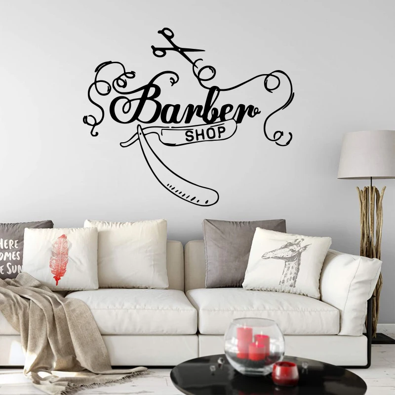 Barber Shop Salon Moustache Window Wall Sticker Barber Haircut Scissors Hall Glass Wall Decal Vinyl Home Decor (2)