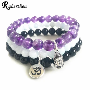

Ruberthen New Design Ohm Buddha Mala Bracelet Womens Aqua marine Crystal Yoga Bracelet Spiritual Energy Protection Bracelet