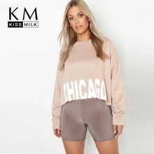 Kissmilk модный осенний Повседневный Большой размер с высокой талией Свободный пуловер с буквенным принтом с длинными рукавами свитер
