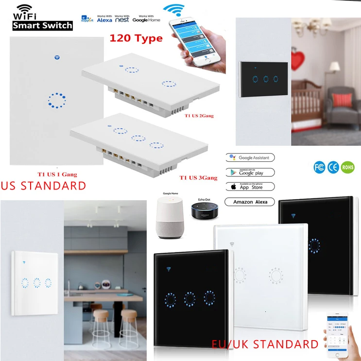 US/EU/AU Standard Touch Switch Smart Light Switch Panel Wall interruptor 1/2/3 Gang wifi Voice Work with Alexa Google Home APP